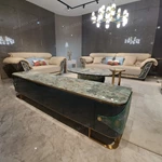 Refined Deep Green Textured TV Stand with Marble Top, Gold Metal Base and Concealed Storage Compartments